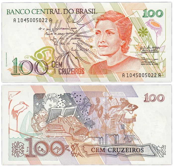 (1990) Банкнота Бразилия 1990 год 100 крузейро &quot;Сесилия Мейрелеш&quot;   UNC