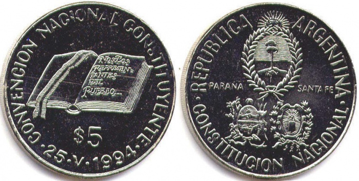 (1994) Монета Аргентина 1994 год 2 песо &quot;Конституция&quot;  Медь-Никель  UNC
