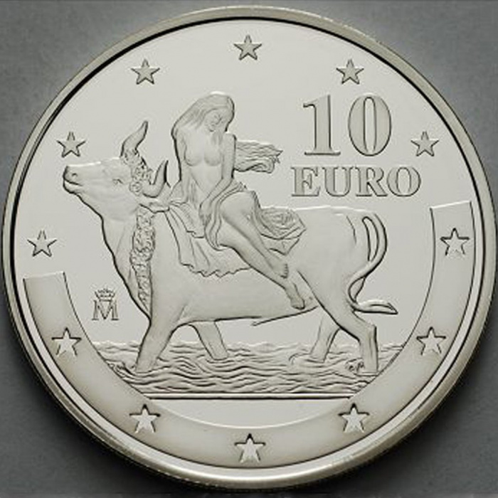 (2003) Монета Испания 2003 год 10 евро &quot;Первая годовщина Евро&quot;  Серебро Ag 925  PROOF
