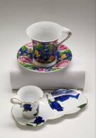 Чайная пара с рисунком цветы и Кофейная пара с блюдцем - подставкой для десертов