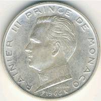 (1966) Монета Монако 1966 год 5 франков "Ренье III"  Серебро Ag 835 Серебро Ag 835  UNC