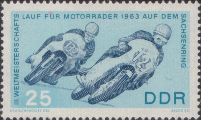 (1963-041) Марка Германия (ГДР) &quot;Мотогонки&quot;  голубая  Мотоспорт II Θ