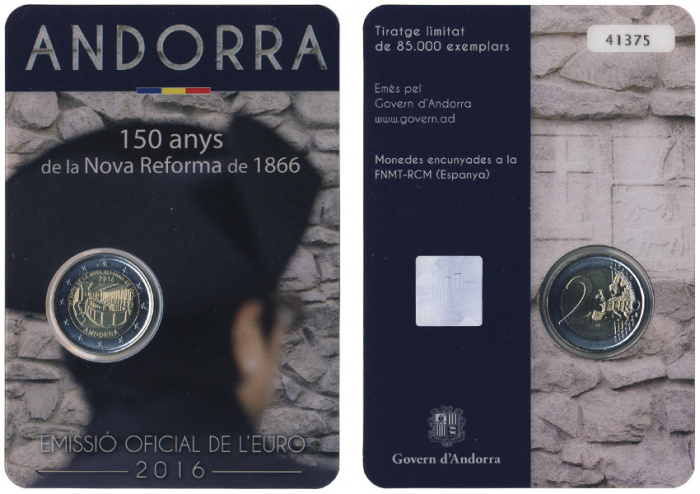 (05) Монета Андорра 2016 год 2 евро &quot;Реформа 1866 года 150 лет&quot;  Биметалл  Блистер