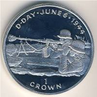 (1994) Монета Остров Мэн 1994 год 1 крона "Высадка в Нормандии Пулемётчики"  Серебро Ag 925  PROOF