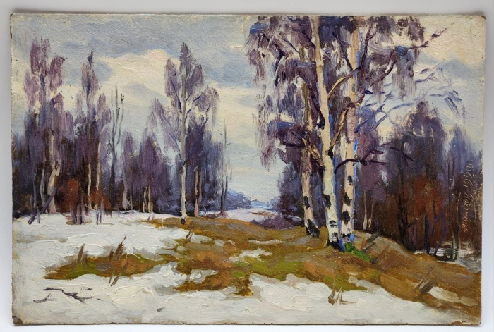 Картина Тулаев В. Н. 1990 г. Весна идет Пейзаж масло картон 29х19 см