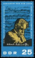 (1965-003) Марка Германия (ГДР) "Альберт Швейцер"  синяя  90 лет рождения II Θ