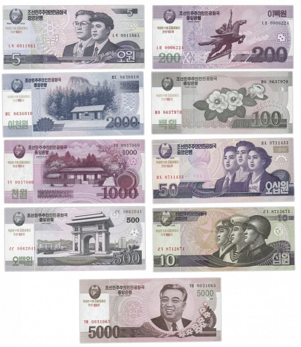 (2012 (Надп на 2002-2008), 9шт, 5 - 5000 вон) Набор банкот Северная Корея &quot;Ким Ир Сен 100 лет&quot;   UNC