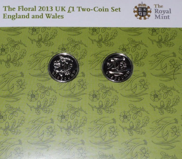 (2013, 2 монеты по 1 фунту) Набор монет Великобритания 2013 год &quot;Флора Англии и Уэльса&quot; Буклет