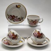 Чайные пары 3 шт сервиза Красный фарфорист розы бабочки фарфор СССР винтаж 1970-е чашки блюдца