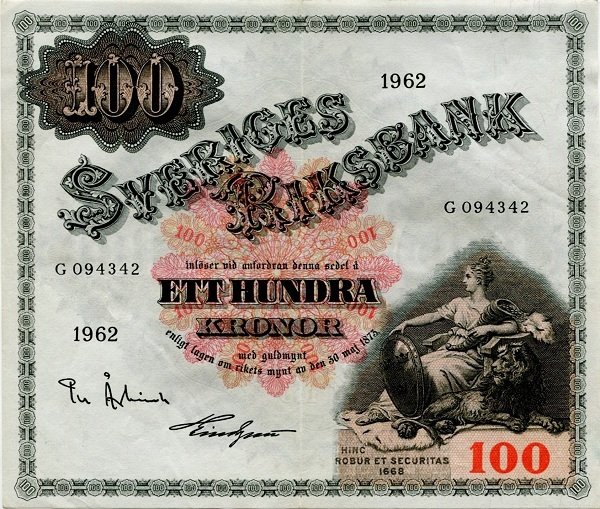(,) Банкнота Швеция 1962 год 100 крон &quot;Густав I Васа&quot;   UNC