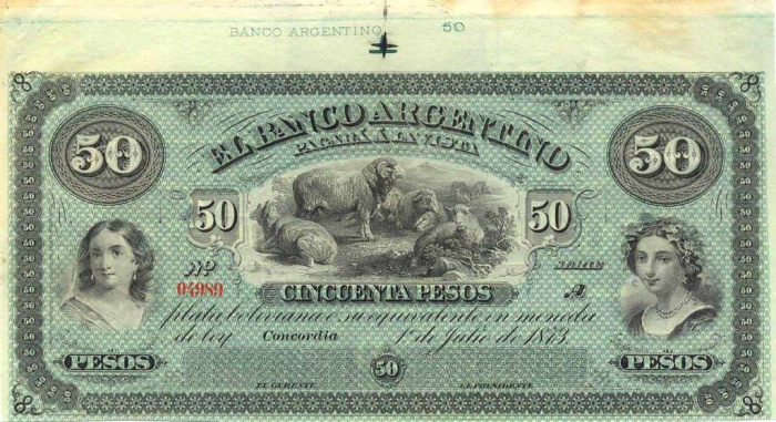 (№1873P-S1503) Банкнота Аргентина 1873 год &quot;50 Pesos Plata Bolivana&quot;