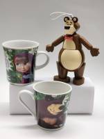 Набор чашек кружек с игрушкой Маша и медведь 3 предмета фарфор дерево