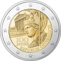 (007) Монета Австрия 2018 год 2 евро "Австрийская Республика. 100 лет"  Биметалл  UNC