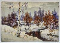Картина Тулаев В. Н. 1991 г. Река в заснеженном лесу пейзаж масло картон 35х25 см