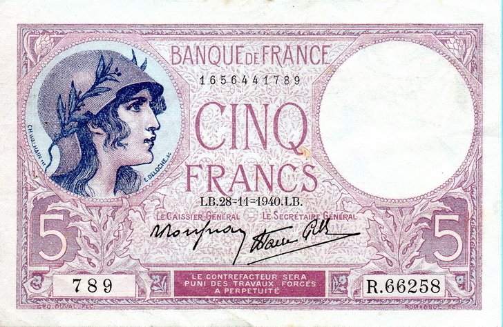 (№1940P-83a.9) Банкнота Франция 1940 год &quot;5 Francs&quot;