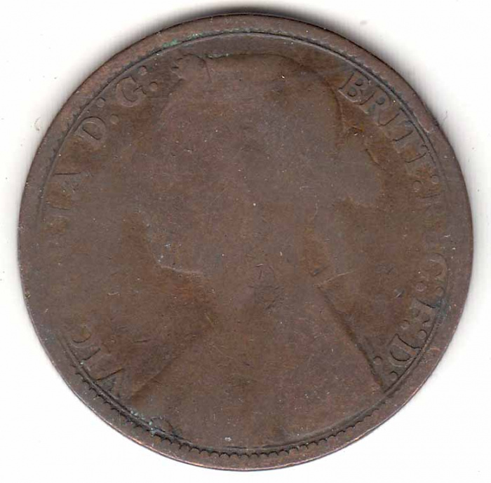 (1877) Монета Великобритания 1877 год 1 пенни &quot;Королева Виктория&quot;  Бронза  VF