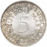 (1969G) Монета Германия (ФРГ) 1969 год 5 марок   Серебро Ag 625  XF