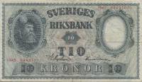 (,) Банкнота Швеция 1945 год 10 крон "Густав I Васа"   UNC