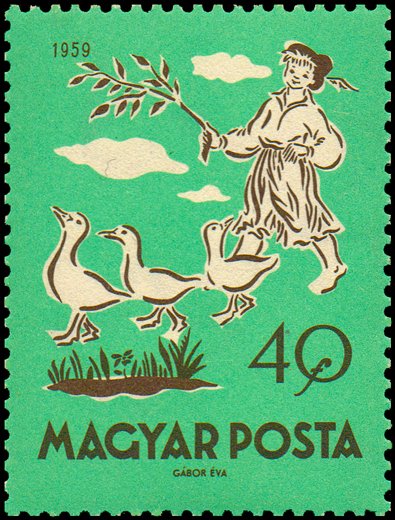 (1959-076) Марка Венгрия "Мальчик гусь"    Fairy Tales III O