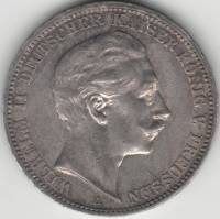 1909A Монета Германия 3 марки Вильгельм II  Серебро Ag 900  XF