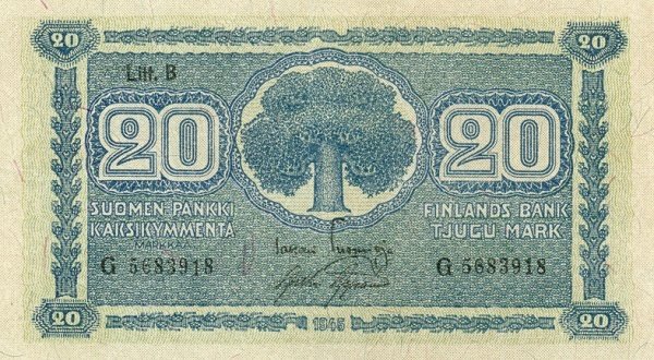 (1945 Litt B) Банкнота Финляндия 1945 год 20 марок  Tuomioja - Aspelund  UNC