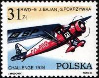(1982-016) Марка Польша "Моноплан RWD-9"    50-летие победы в полетах Challenge Trophy II Θ