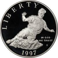 (1997s) Монета США 1997 год 1 доллар   Бейсболист Джеки Робинсон Серебро Ag 900  PROOF
