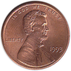 1993 Монета США 1993 год 1 цент  150-летие Авраама Линкольна, Мемориал Линкольна Латунь  VF