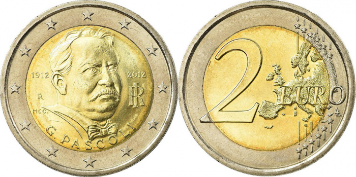 (011) Монета Италия 2012 год 2 евро &quot;Джованни Пасколи&quot;  Биметалл  UNC
