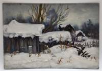Картина Тулаев В. Н. 1981 г. Деревня зимой Пейзаж масло картон 35х25 см