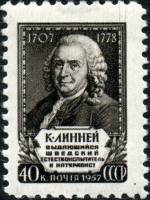 1958-003 Марка СССР Портрет   Карл Линней 250 лет со дня рождения II Θ