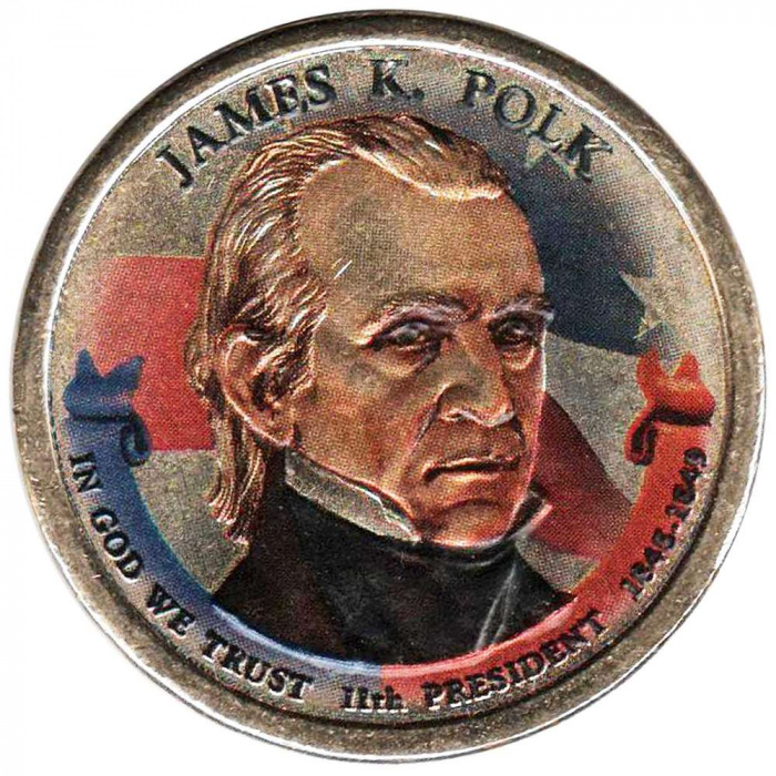 (11p) Монета США 2009 год 1 доллар &quot;Джеймс Нокс Полк&quot;  Вариант №2 Латунь  COLOR. Цветная