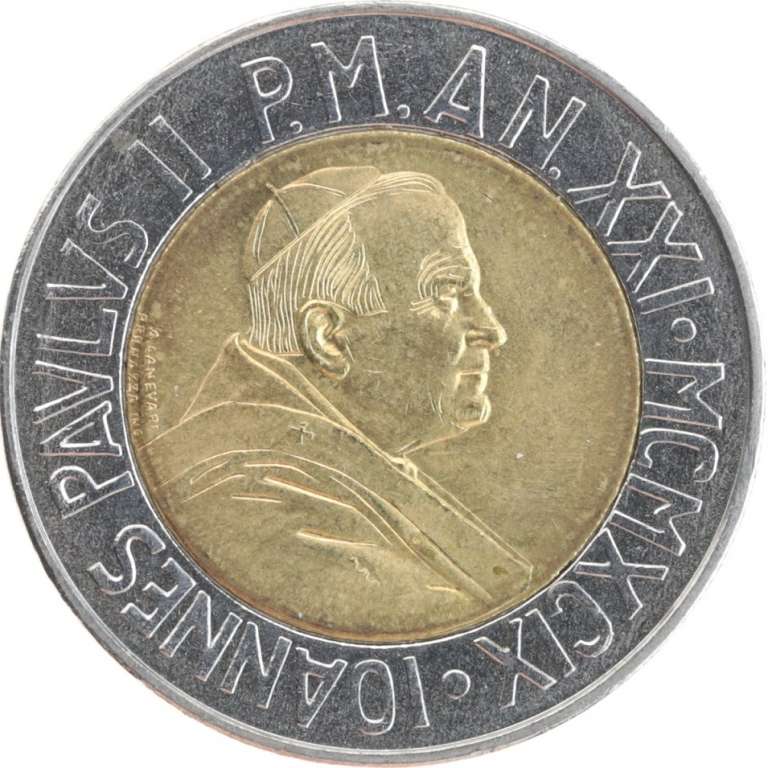 (1999) Монета Ватикан 1999 год 500 лир &quot;Иоанн Павел II. 21 год понтификата&quot;  Биметалл  UNC