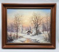 Репродукция Дом избушка в зимнем лесу. В пластиковой раме 61х51 см