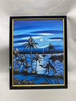 Картина гуашь в раме 34*42,5 см Ночь пальмы верблюд 