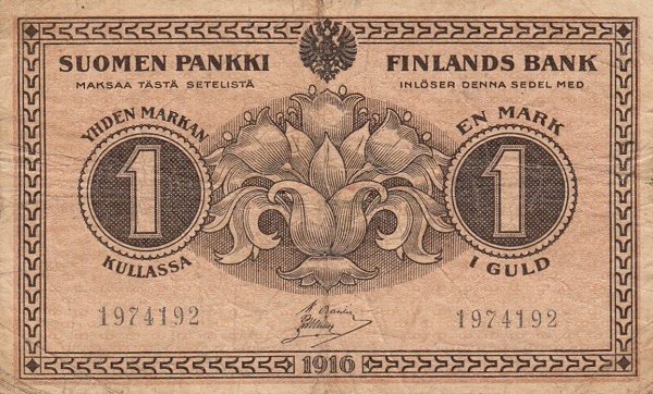 (1916) Банкнота Финляндия 1916 год 1 марка  Basilier - Muller  UNC