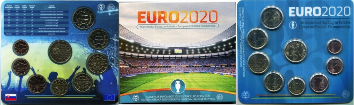 (2021, 8 монет + жетон) Набор монет Словакия 2021 год &quot;ЧЕ по футболу Россия 2020&quot;  Буклет