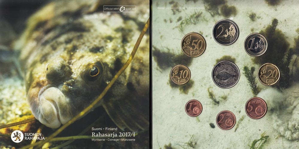 (2017, 8 м + жетон) Набор монет Финляндия 2017 год &quot;Морская камбала&quot;   Буклет
