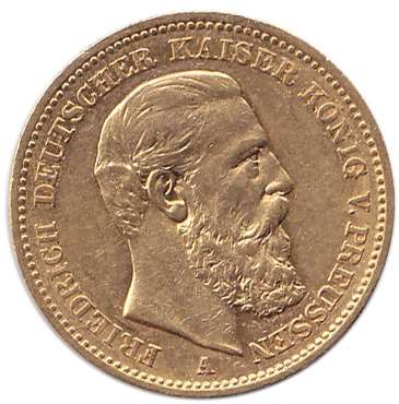 Монета Германская Империя - 20 марок 1888 год &quot;Портрет Фридрих, Кайзера Прусcии&quot;, VF