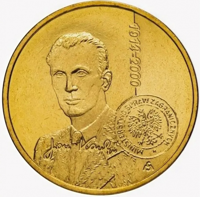 260 Монета Польша 2014 год 2 злотых Ян Карский  Латунь  UNC