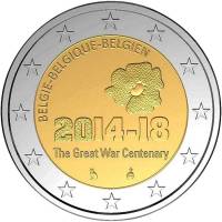 (012) Монета Бельгия 2014 год 2 евро "Первая Мировой война. 100 лет начала"  Биметалл  PROOF