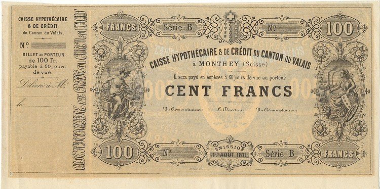 (№1871P-S586 A) Банкнота Швейцария 1871 год &quot;100 Francs&quot;