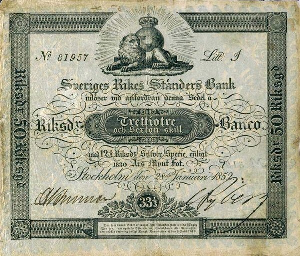 (,) Банкнота Швеция 1856 год 33 крон    UNC