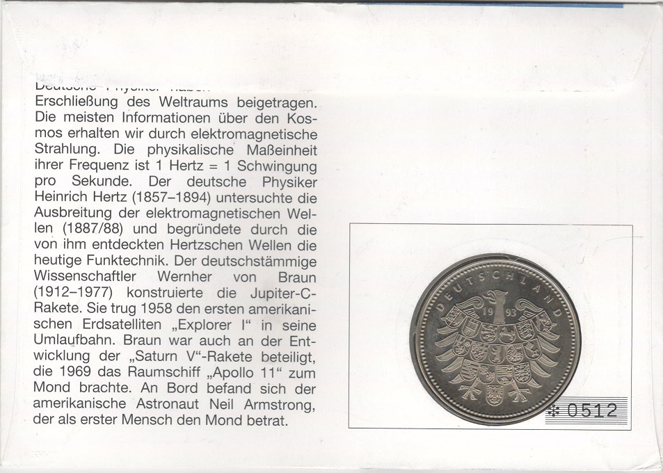 (1993) Медаль Германия 1993 год &quot;Вернер фон Браун&quot;  Медь-Никель  Буклет с маркой