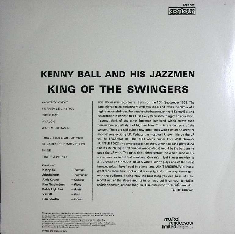 Пластинка виниловая &quot;Kenny Ball and his jazzmen. King of the swingers&quot; Contour 300 мм. Excellent