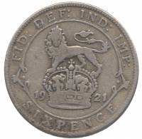 (1921) Монета Великобритания 1921 год 6 пенсов "Георг V"  Серебро Ag 500  UNC