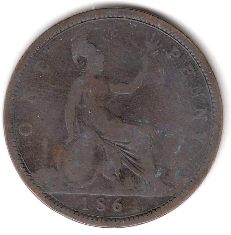 (1864) Монета Великобритания 1864 год 1 пенни &quot;Королева Виктория&quot;  Бронза  VF
