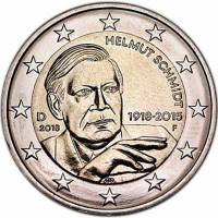 (019) Монета Германия (ФРГ) 2018 год 2 евро "Гельмут Шмидт" Двор F Биметалл  UNC