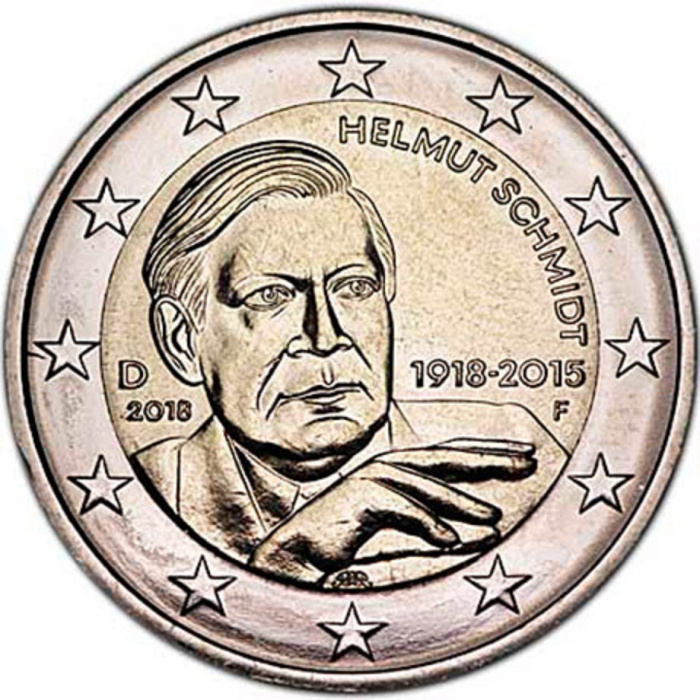 (019) Монета Германия (ФРГ) 2018 год 2 евро &quot;Гельмут Шмидт&quot; Двор F Биметалл  UNC