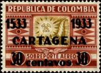 (№1933-349) Марка Колумбия 1933 год "Картахена-де-Лас-Indiasoverprint", Гашеная